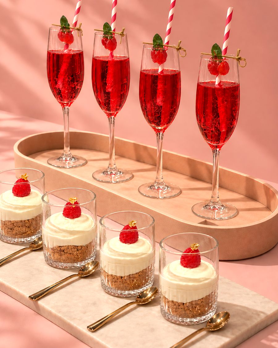 mini cheesecakes with raspberries, red drinks behind